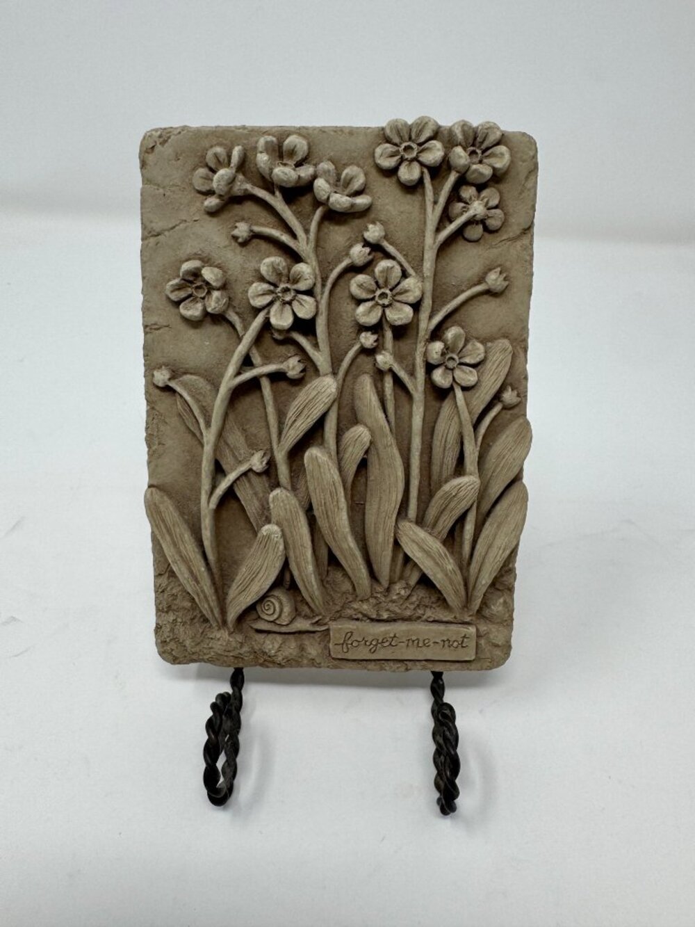 Forget-Me-Not Botanical Cast Stone Wall Plaque Snail With Metal Stand